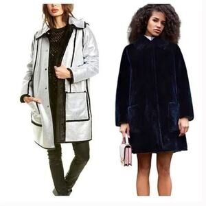 TORY BURCH Metallic Esme Reversible Coat Black Silver Snap Button Faux F…